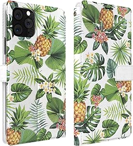 Mertak Wallet Case Compatible with iPhone 12 11 Pro Max SE Xr Xs X 8 Plus 7 6s Folio Flip Lightweight Fruit PU Leather Cover Exotic Pineapple Leaves Magnetic Protective Tropical Palm Slim Fit