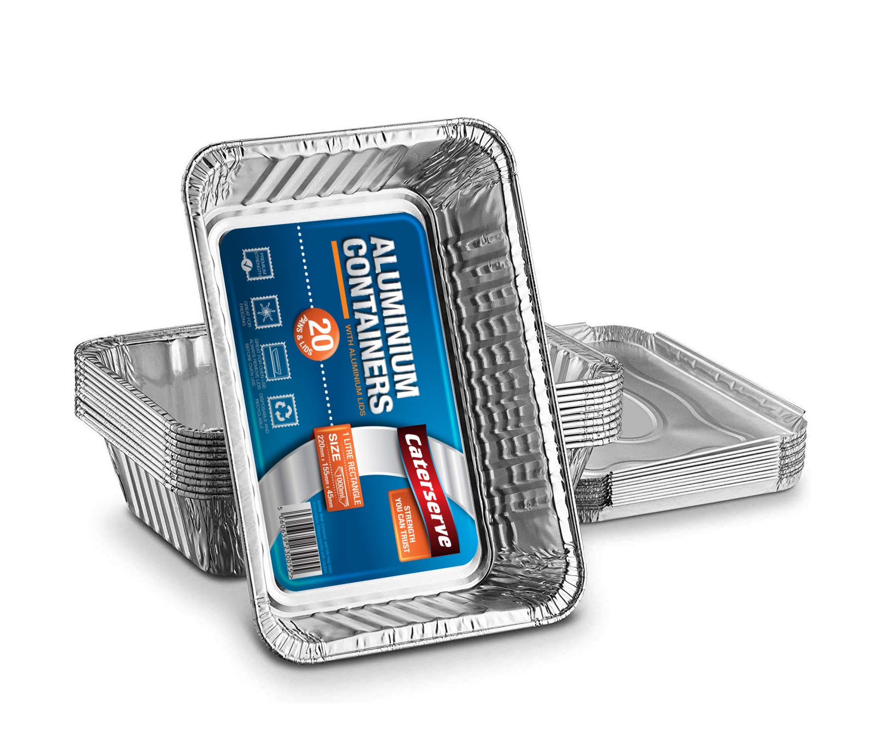 Disposable Aluminum Foil Trays Containers with Foil Lids 1000ml. Great for Baking Food Storage Takeaway Tin Pack of 20