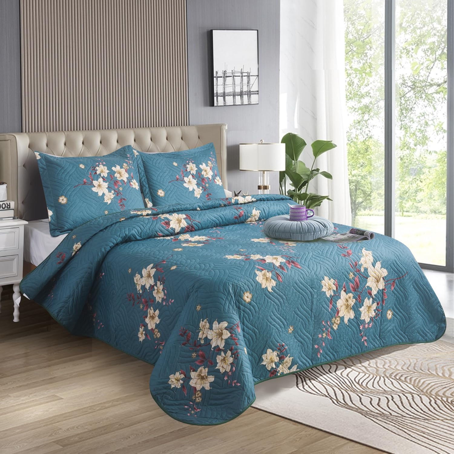 WEAVERS: 3 PCS Reversible Patchwork Quilted Bedspread, Floral Print Lightweight Comforter Coverlet, Soft Microfiber. Includes 2 Pillow Shams Fits Double & King Size Bed 220cm x 240cm. MILAN-125WV