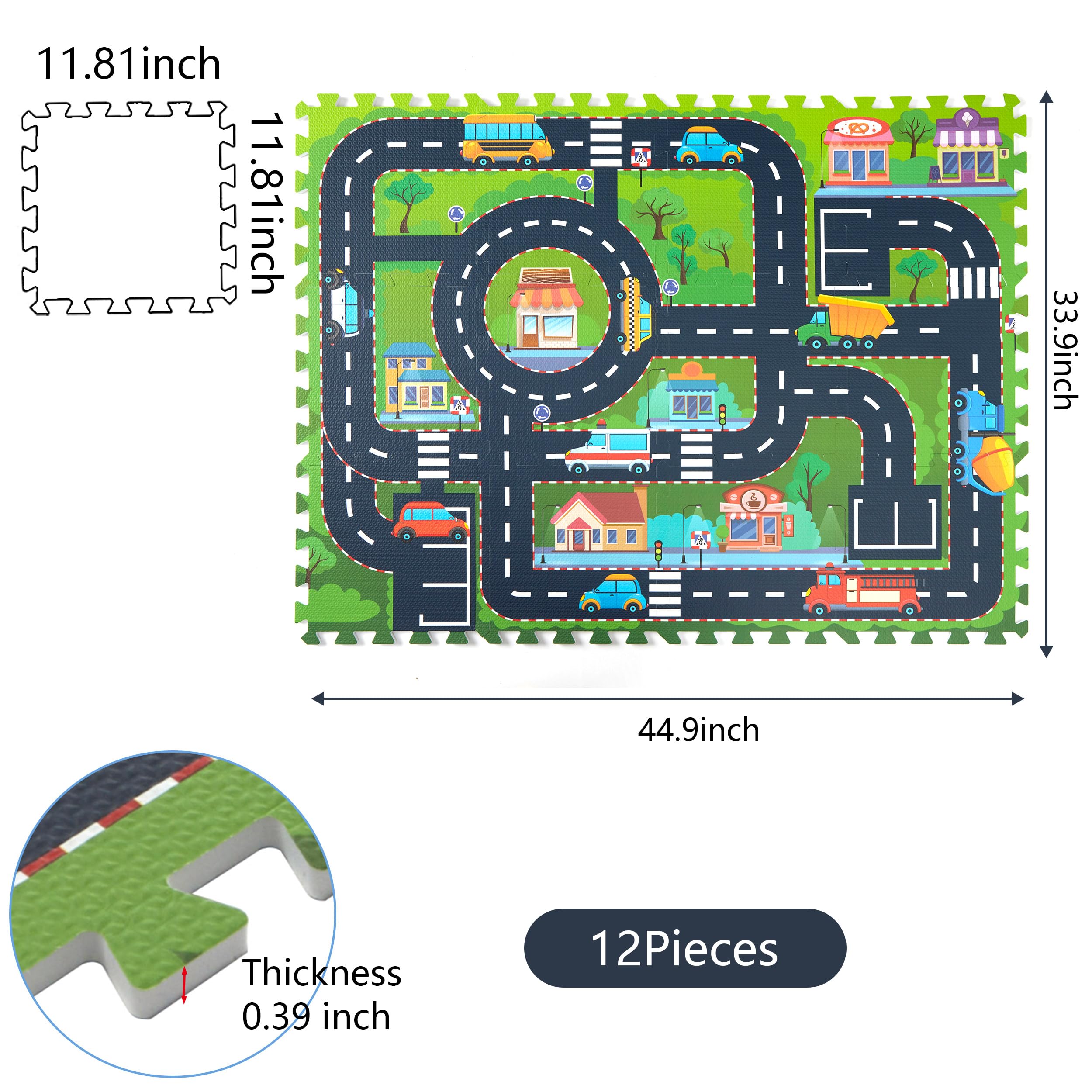 Foam Play Mat for Baby, Interlocking Foam Tiles, City Road Track Puzzle Mat 12 Pieces