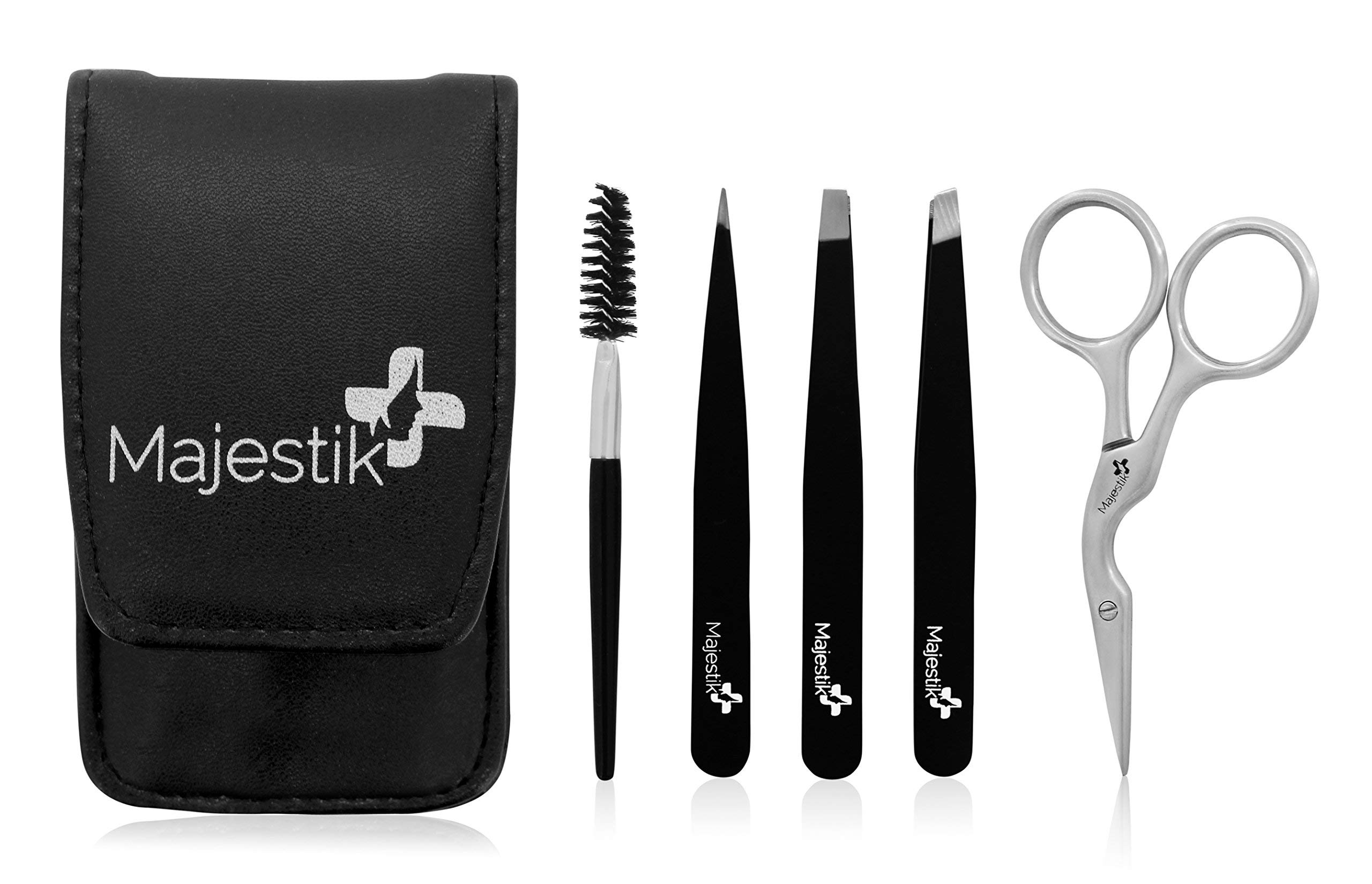 5Pcs Tweezers Set - Eyebrow Grooming Kit With Curved Stainless Steel Scissors, Spoolie Eyebrow Brush in Black Case - Eye brow Kit For Men And Women