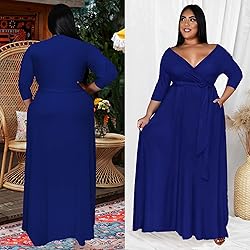 Runwind Plus Size Maxi Dress Sexy 3/4 Sleeve V Neck