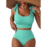 Herseas Women 2 Piece High Waisted Bikini Sets Seashell Textured Tie Strap Swimsuits Bathing Suit Beach Summer Outfits