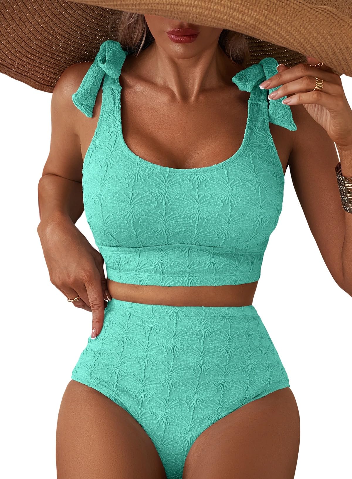 Photo 1 of Herseas Women's Bikini Set Seashell Textured Tie Straps 2026 Beach Swimsuit High Waisted Full Lined Moderate Coverage Breathable Solid Athletic Bathing Suit Vacation Essentials Turquoise XX-Large