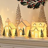 AOMOONOA Ceramic White Christmas Village Houses, 3Pcs Light Up Small Porcelain Village House with 6Pcs Christmas Trees, LED Lighted Tabletop House Figurines for Home Decor, Winter Holiday DIY, Gift