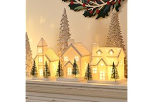 AOMOONOA Ceramic White Christmas Village Houses, 3Pcs Light Up Small Porcelain Village House with 6Pcs Christmas Trees, LED Lighted Tabletop House Figurines for Home Decor, Winter Holiday DIY, Gift