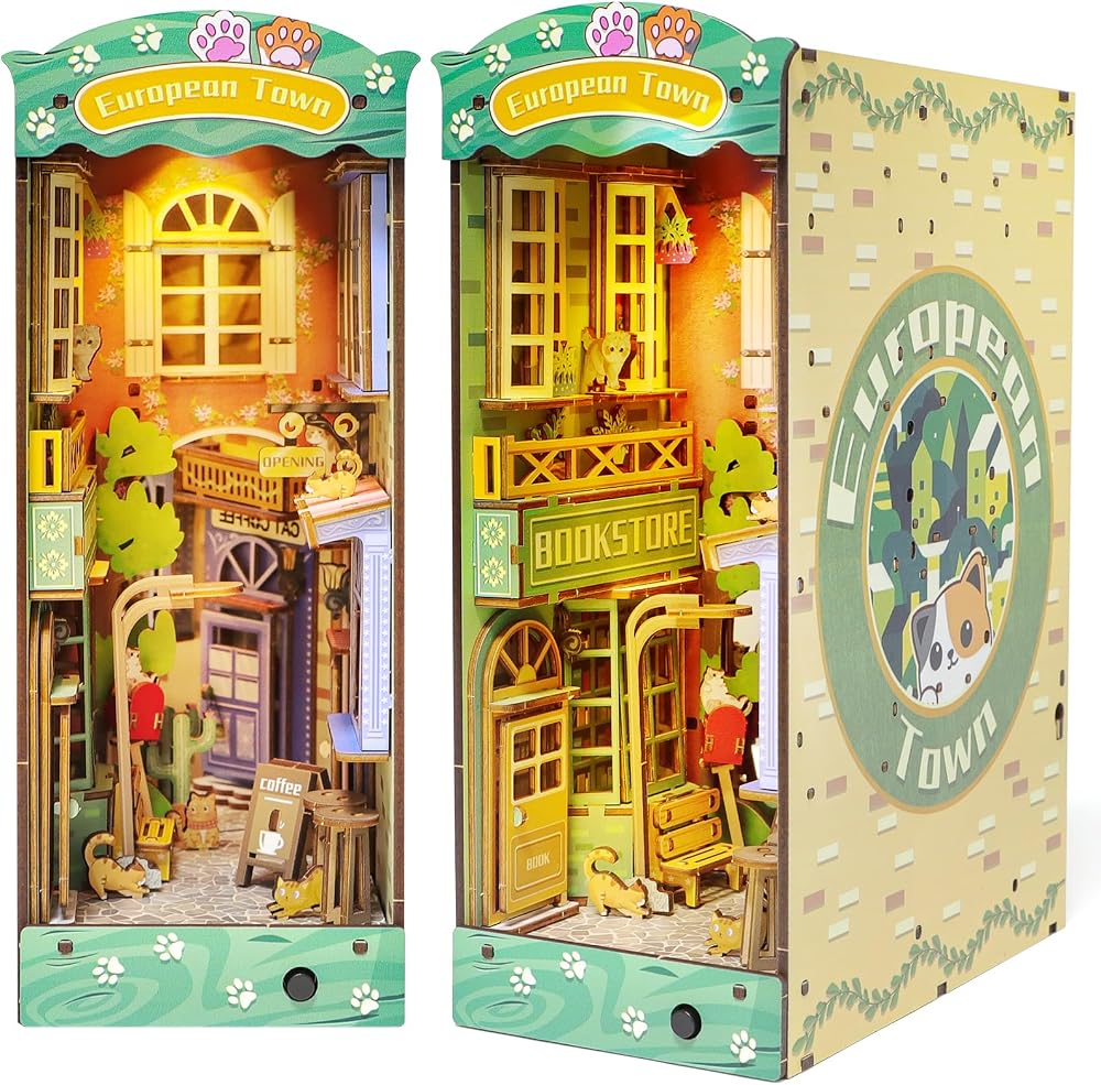 deAO DIY Miniature Book Nook Kit with LED Light - Street & Cat Model