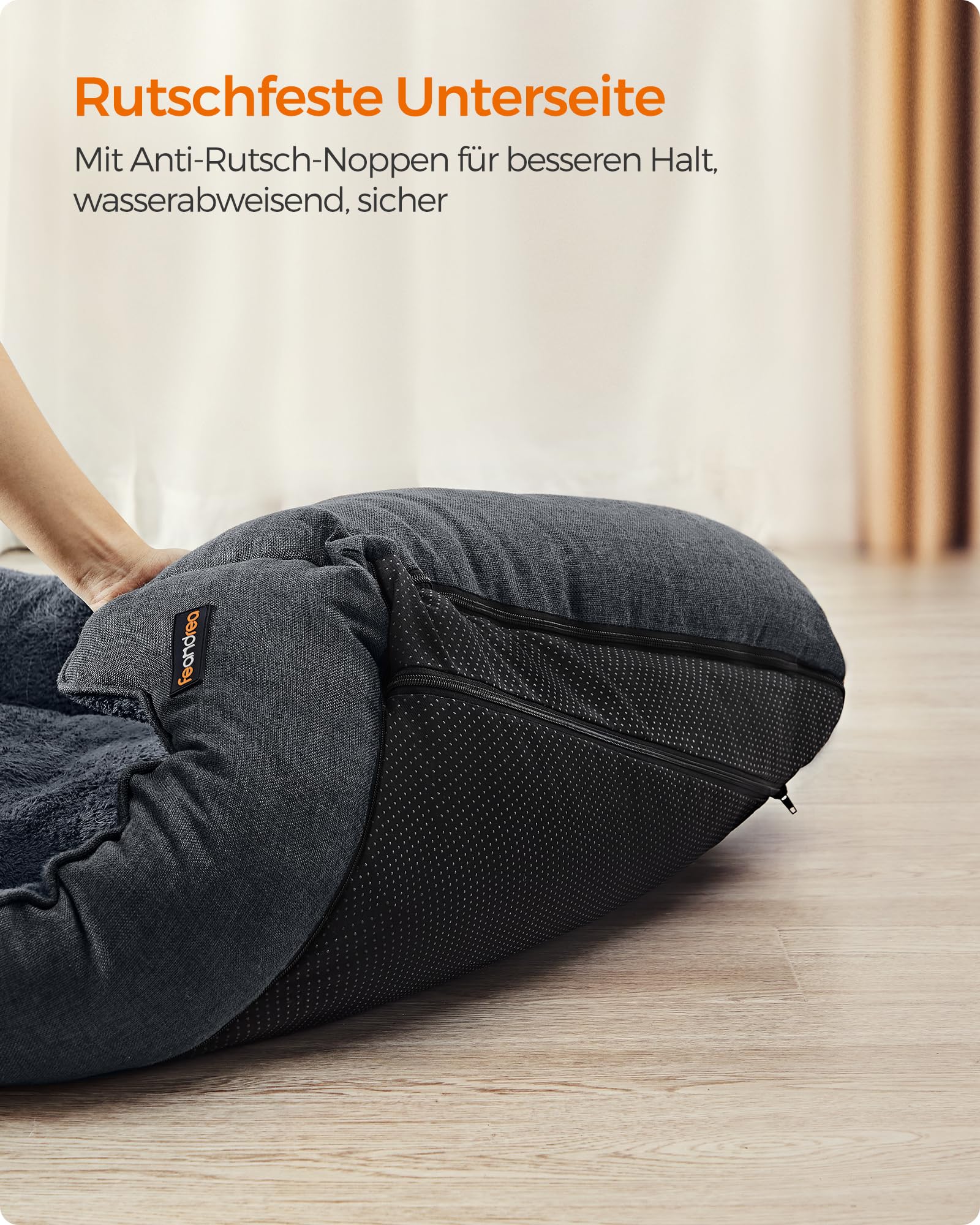 Feandrea Hundebett, Hundekissen in Leinenoptik, Hundekorb, erhöhte Ränder, rutschfeste Unterseite, Bezug abnehmbar waschbar, XXL, für extra große Hunde, 120 x 90 x 30 cm, dunkelgrau PGW013G01 6