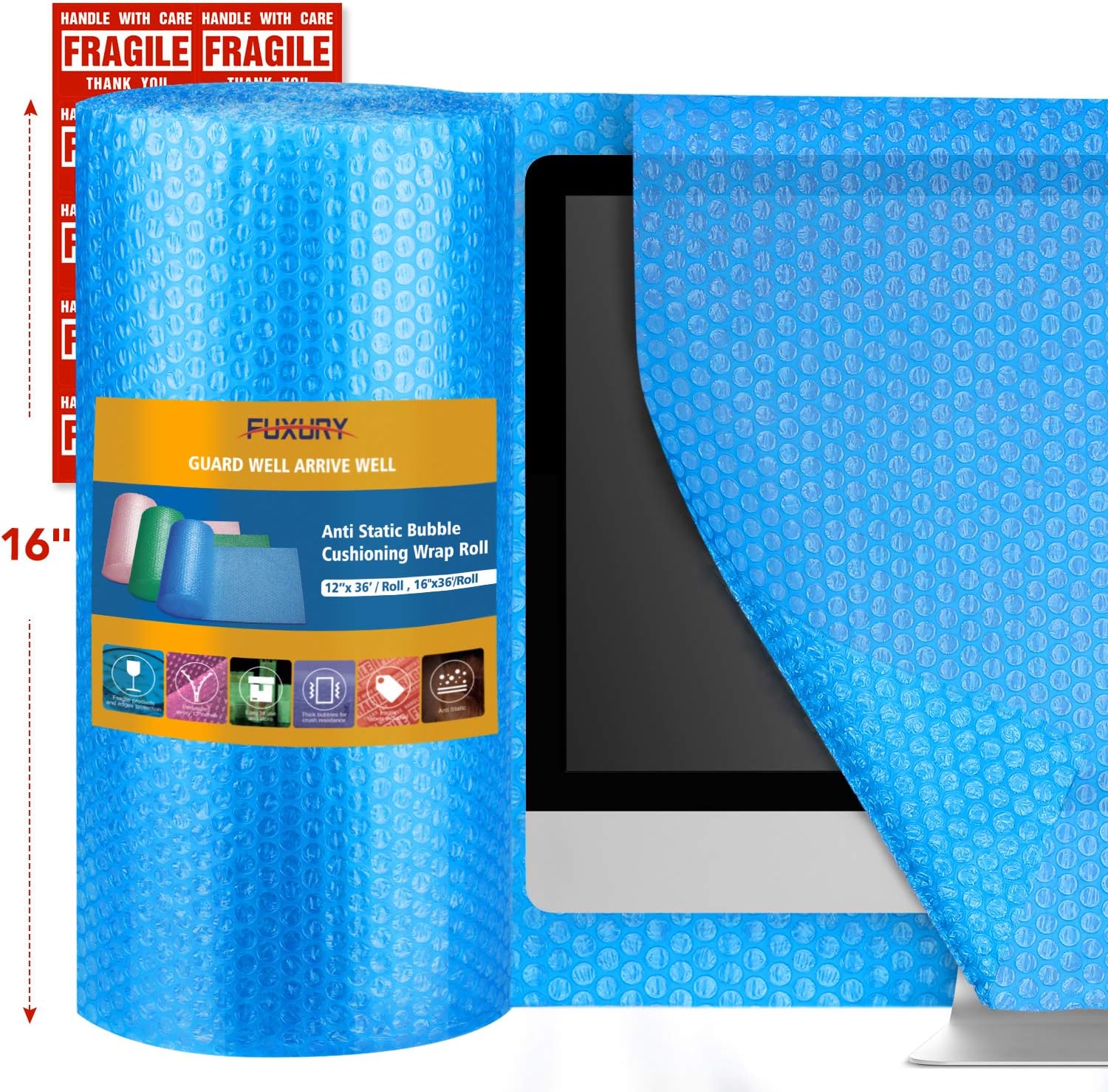 Fuxury Blue 16" Anti-Static Bubble Cushioning Wrap Roll Air Bubble Roll 1 Roll 36 Feet, Perforated Every 12", Included 10 Fragile Sticker Labels for Packaging Moving Shipping Boxes Supplies : Office Products