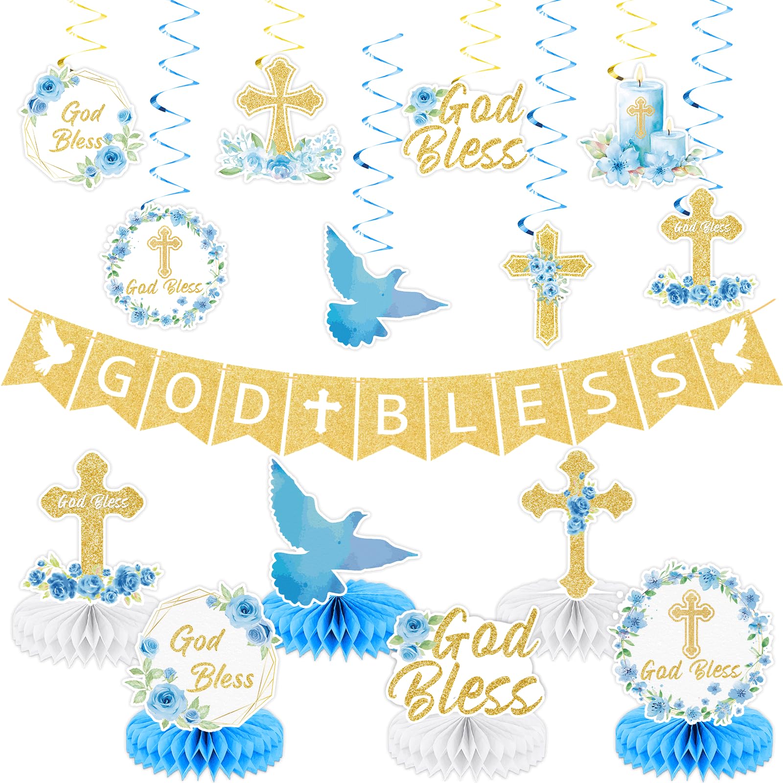 Photo 1 of 15Pcs Blue Baptism Decorations God Bless Banners First Communion Hanging Swirls Honeycomb Religious Christening Table Centerpieces for Baby Shower Boys Gold First Holy Communion Party Supplies Favors