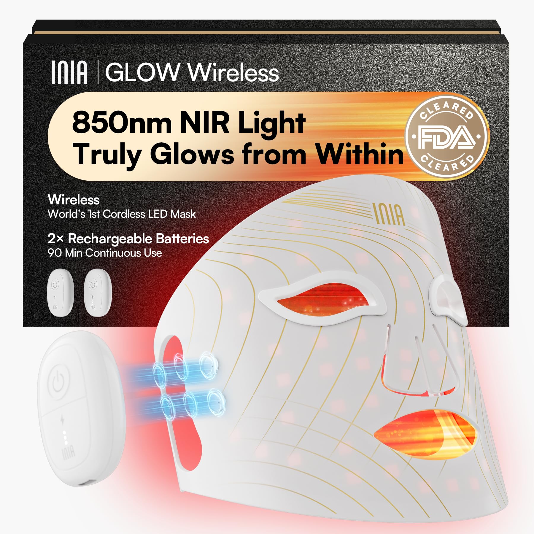 INIA Red Light Therapy Mask for Face, Glow Wireless LED Face Mask Light ...