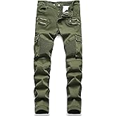 AITITIA Men's Biker Zipper Deco Washed Straight Fit Jeans