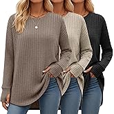Velvelhall 3 Pack Women's Long Sleeve Tops with Thumb Hole Ribbed Crew Neck Loose Fit Shirts Fall Winter Clothes Outfits