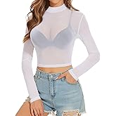 Women's Mesh Tops See Through Shirts Long Sleeve Bodycon Sheer Blouse Clubwear