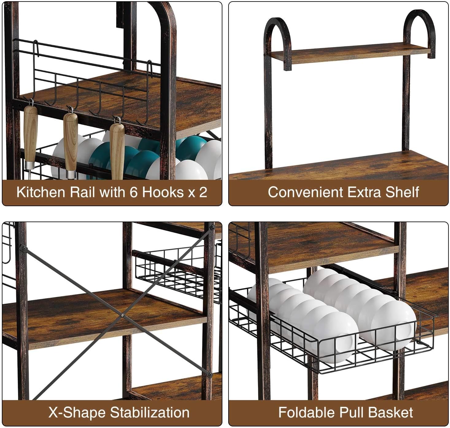 Rolanstar Kitchen Baker's Rack, Large Capacity Utility Storage Shelf, Microwave Stand with 7 Shelves and 12 Hooks, Foldable Pull Basket, Stable Retro Metal Frame - Standing Baker's Racks
