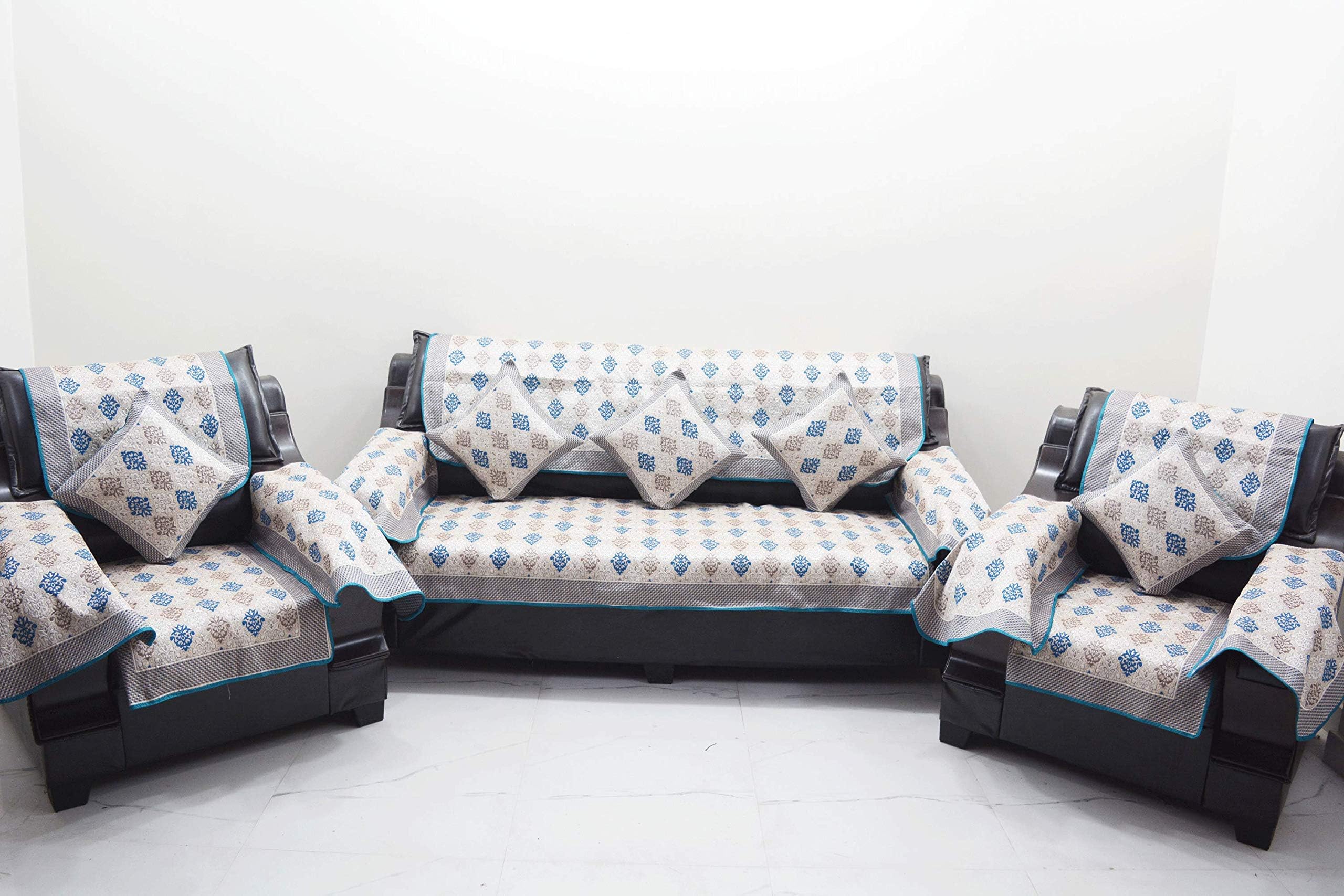 KINGLY Chenille Argyle Sofa Cover 12PC Set and Matching 16X16 Inch Cushion Cover Set of 5 PC (Firozi, Multicolour)- Made in India, Complete Combo Set 17PC