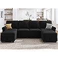 HONBAY Sectional Sofa with Storage Seat Velvet U Shaped Sectional Couch with Reversible Chaise Convertible Sectional Couches for Living Room,Black Velvet