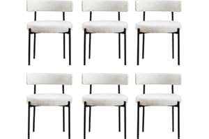 Locus Bono Boucle Dining Chairs Set of 6, Modern Upholstered Dining Room Chairs, Armless Kitchen Chair for Dining Room, Living Room, Black Metal Legs (White)