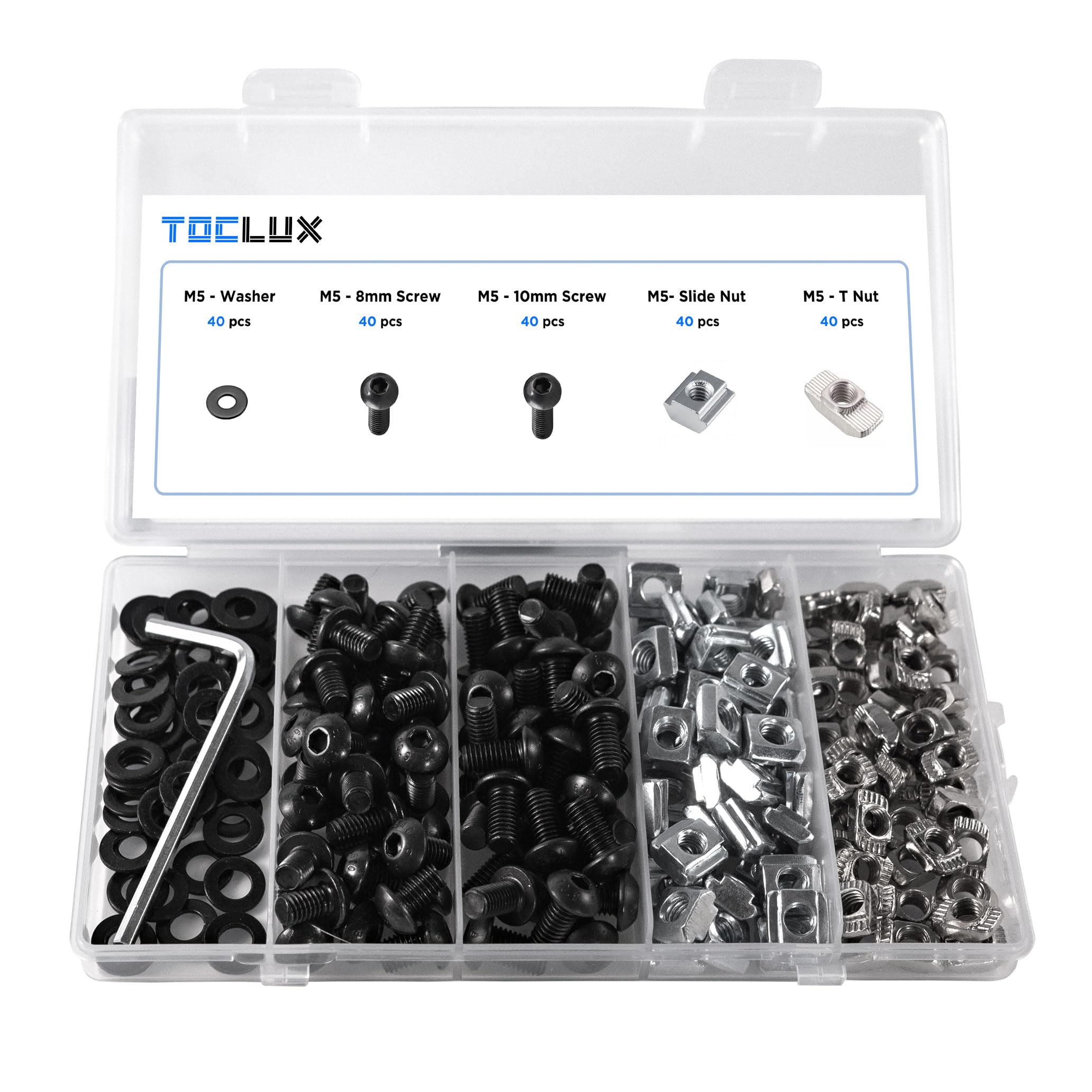 Photo 1 of 200pcs 2020 Series M5 T Nut and Black Screw Kit – Sliding & Drop-in T-Nuts, M5x8 & 10mm Black Screws, Washers, Hex Wrench – for 6mm T-Slot Aluminum Extrusion Accessories Extruded Aluminum Hardware