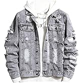 SOLY HUX Men's Ripped Denim Jacket Button Front Collared Long Sleeve Grunge Jean Jackets Streetwear