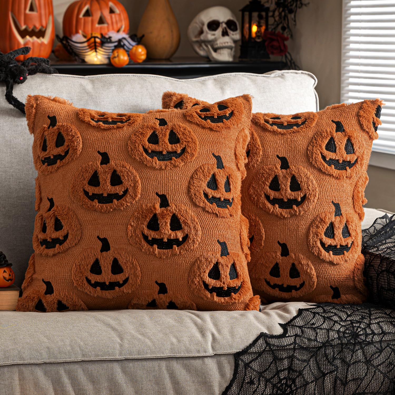 Photo 1 of EMEMA Fall Pumpkin Ghost Decorative Throw Pillow Covers 20x20 Inch Set of 2 Soft Plush Faux Wool Couch Pillow Covers 3D Embroidered Halloween Couch Cushion Case for Living Room Home Decor