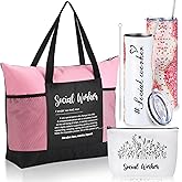 Sieral 3 Pcs Social Worker Appreciation Gift Set 20 oz Stainless Steel Tumbler with Straw, Canvas Makeup Bag and Tote Bag for Women, Staff, Colleagues, Nurse Week, Volunteers Graduation Gifts(Pink)