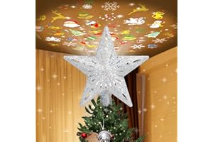 PliMook Christmas Tree Topper Lighted with 6 Patterns Projector, Christmas Tree Star Topper Built-in 3D Glitter LED Rotating Lights, Silver Tree Topper Christmas Decoration for Xmas Party Holiday