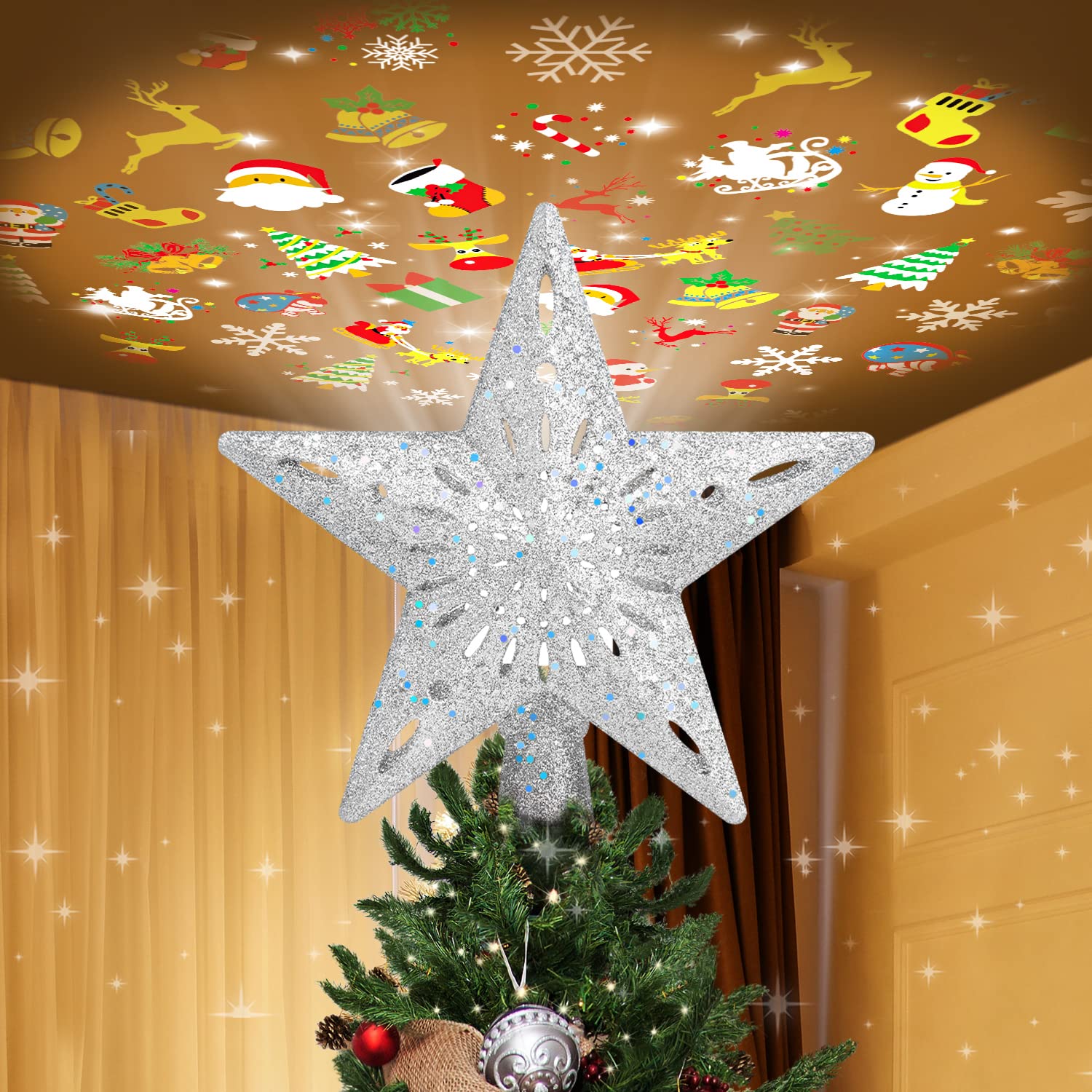 Photo 1 of PliMook Christmas Tree Topper Lighted with 6 Patterns Projector, Christmas Tree Star Topper Built-in 3D Glitter LED Rotating Lights, Silver Tree Topper Christmas Decoration for Xmas Party Holiday