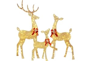 YULETIME 3-Piece Pre-lit 2.5D Christmas Reindeer Family, Lighted Glitter Deer Holiday Decoration With Warm White LED Lights