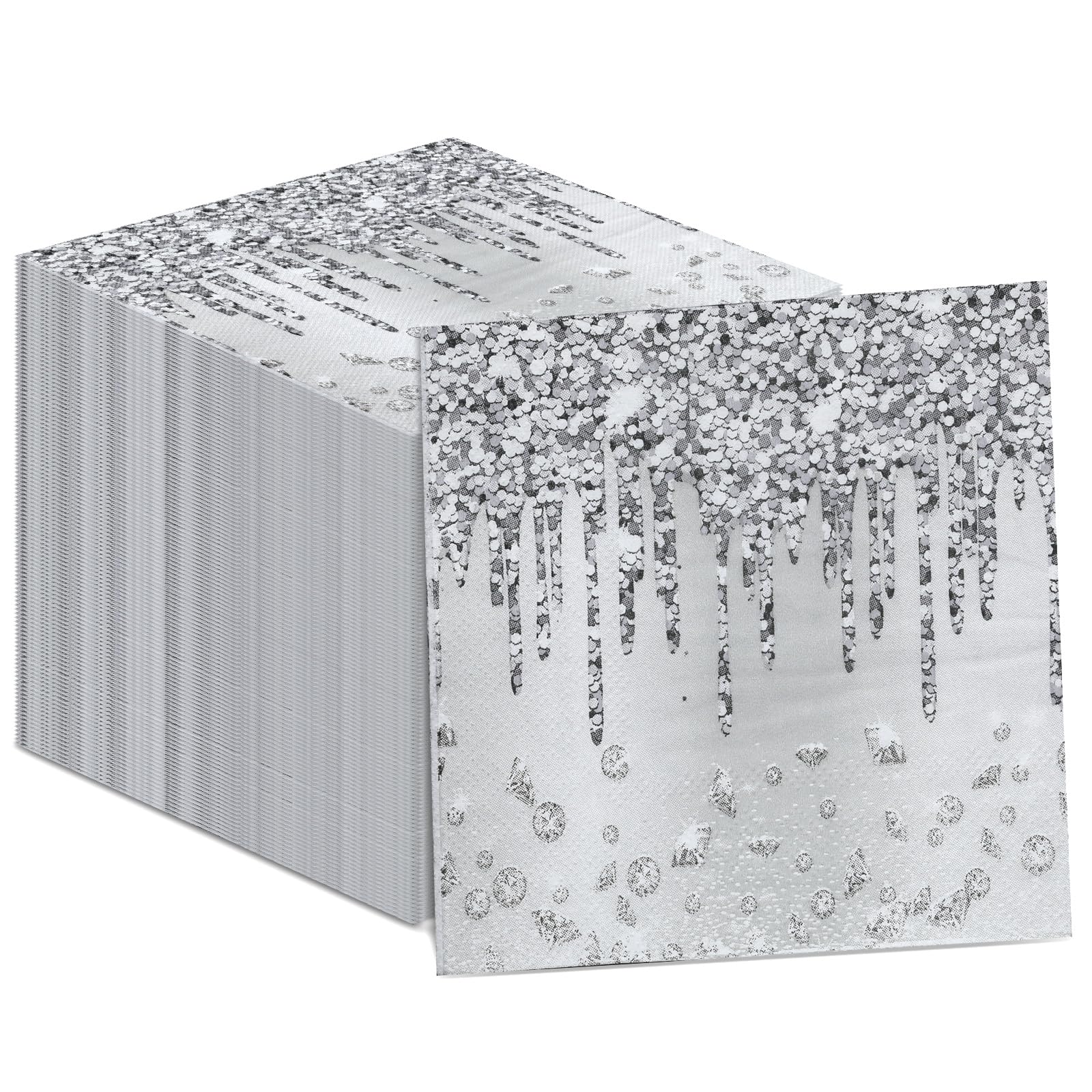 Photo 1 of 100PCS Silver Party Paper Napkins Happy Birthday Supplies Glitter Decorations Silver Diamond Theme Disposable Paper Lunch Napkins for Adults Kids Birthday Wedding Bridal Shower Favors