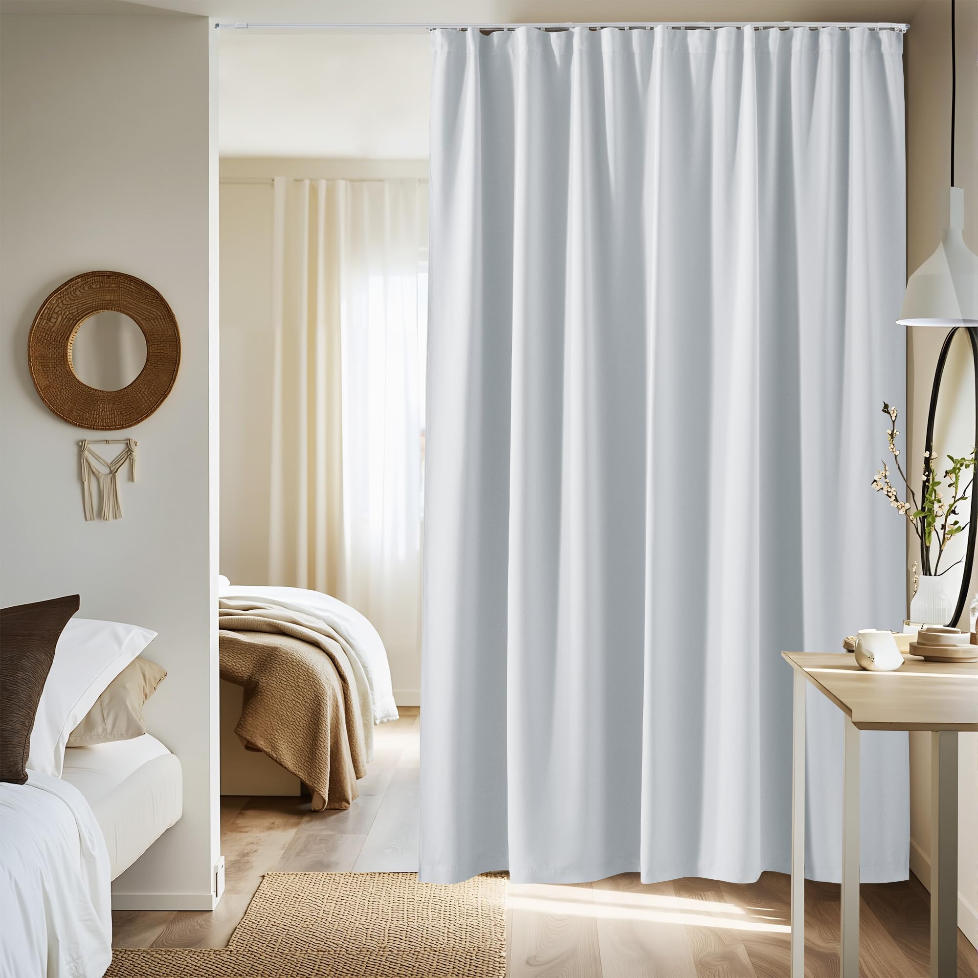 NICETOWN Room Divider Curtain Set with Ceiling Track, Room Darkning Ceiling Track Floor Curtain for Living Room Privacy, Thermal Insulated Drape for Office & Patio, W100 xL96, 1 Panel, Greyish White Image