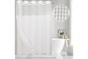 VIUOON No Hook Shower Curtain Set with Snap in Fabric Liner, 250GSM Waffle Weave White Hotel Grade Bath Shower Curtain - See Through Top Window, Waterproof & Washable, 71W x 74H