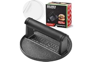 HULISEN Pre-Seasoned Cast Iron Burger Press Includes 100 Pcs Patty Paper, 2.3lb Heavy Duty 6” Burger Smasher for Griddle with Heat Resistant Handle, Grill Press for Hamburger, Bacon, Meat