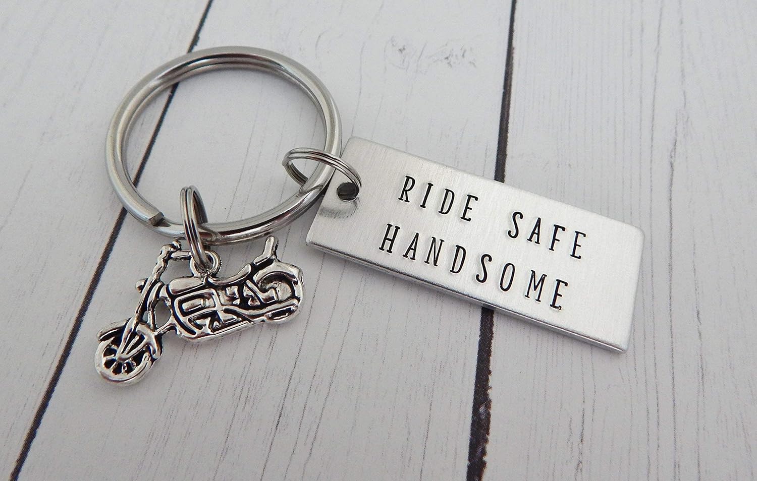 Biker Keychain RIDE SAFE HANDSOME Hand Stamped Keychain