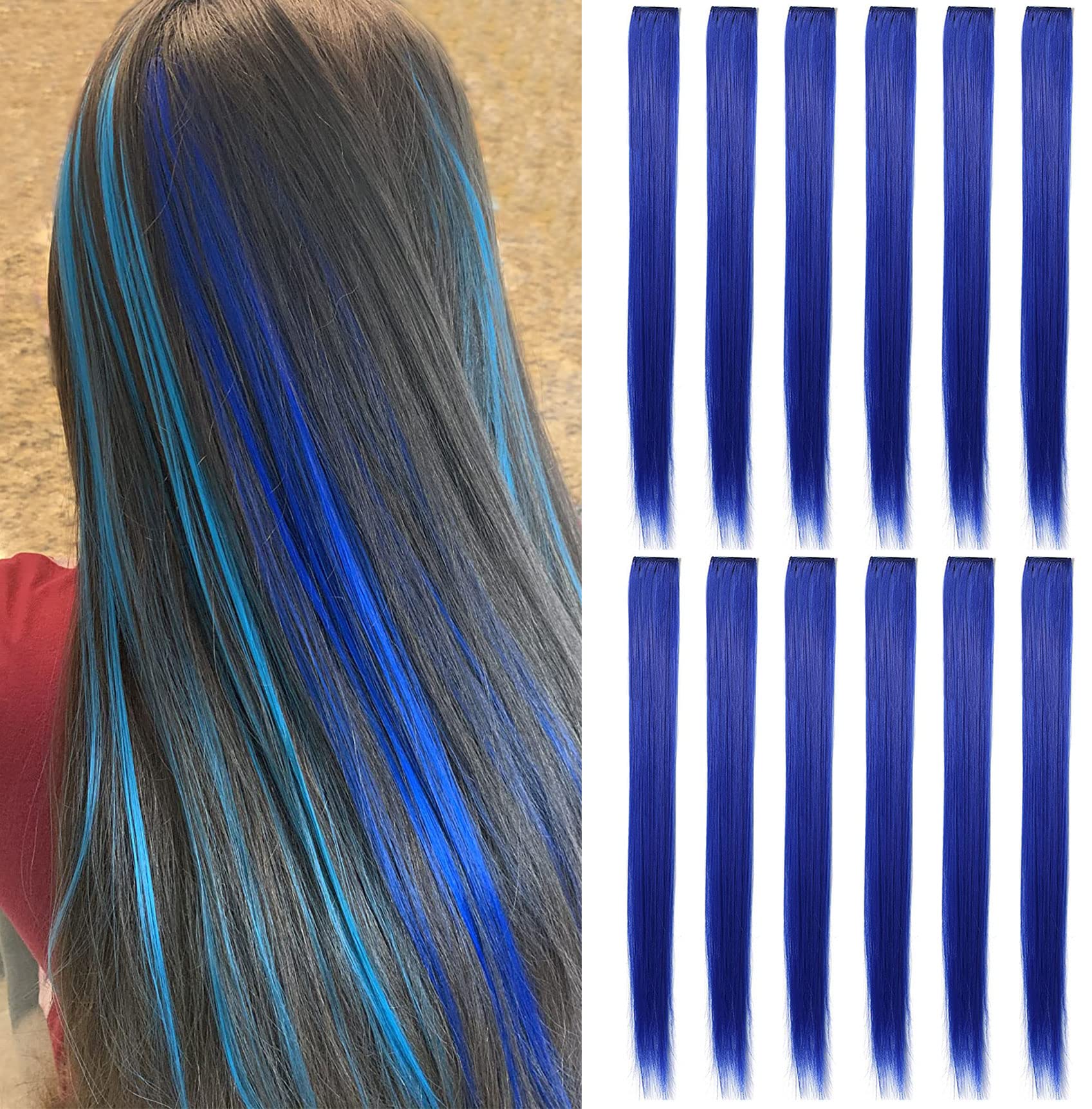 Fcysws 12Pcs Blue Hair Extensions Clip in Girls,21 Inch Heat-Resistant Synthetic Straight Hair Accessories for Women Girls Gift Party Highlights Hairpiece (Blue)