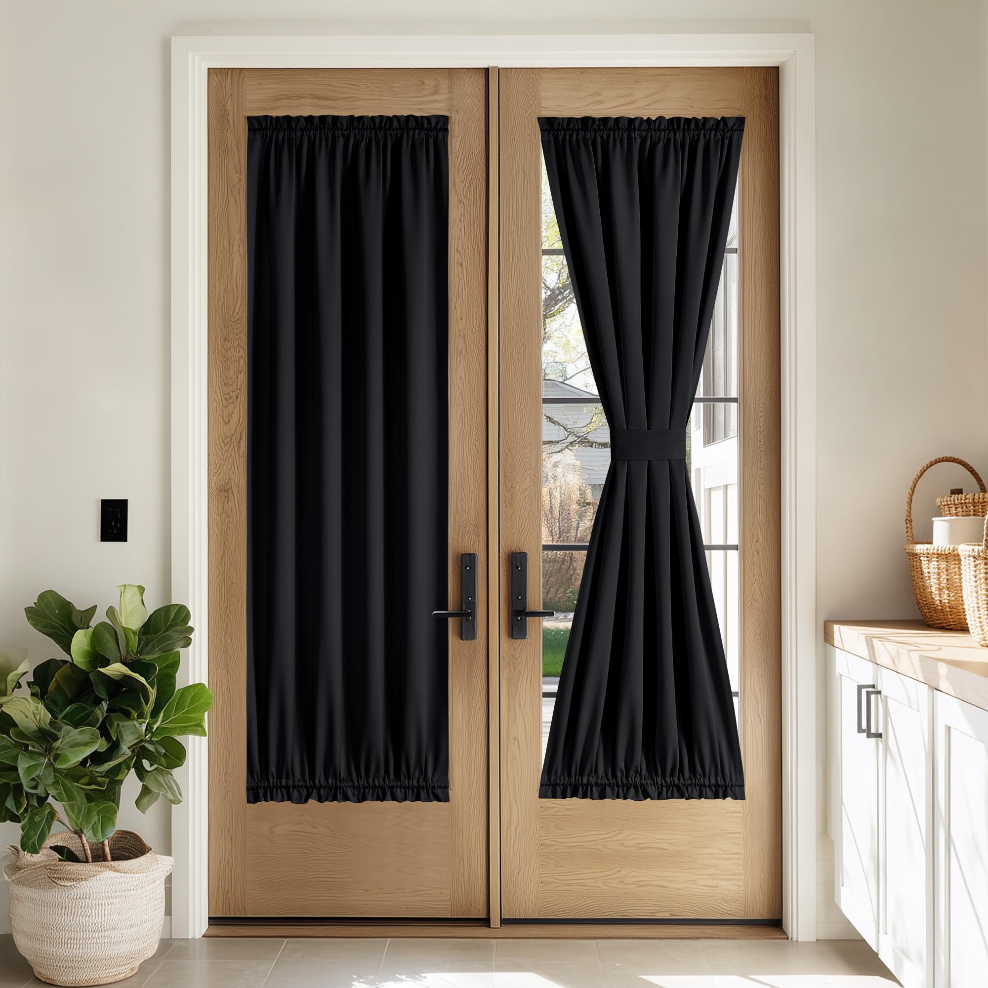 Photo 1 of NICETOWN 100% Blackout Door Curtain Thermal Insulated Privacy Curtain for French Front Door with Adjustable Tieback, Room Darkening Window Covering for Kitchen, W30 x L72, 1 Panel, Black