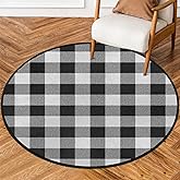 Buffalo Plaid Round Area Rug, Black and White Buffalo Check Large Circle Rugs Non Slip Round Floor Mat Soft Washable Carpet for Living Room Bedroom Indoor, 5 ft