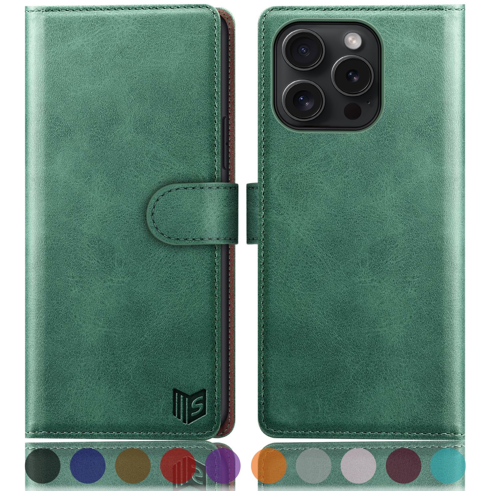 SUANPOT compatible with iPhone 16 Pro Max 6.9" case with [Credit Card Holder][RFID Blocking],PU Leather Flip Book Protective Cover Women Men for Apple 16 Pro Max Phone case Sea Green