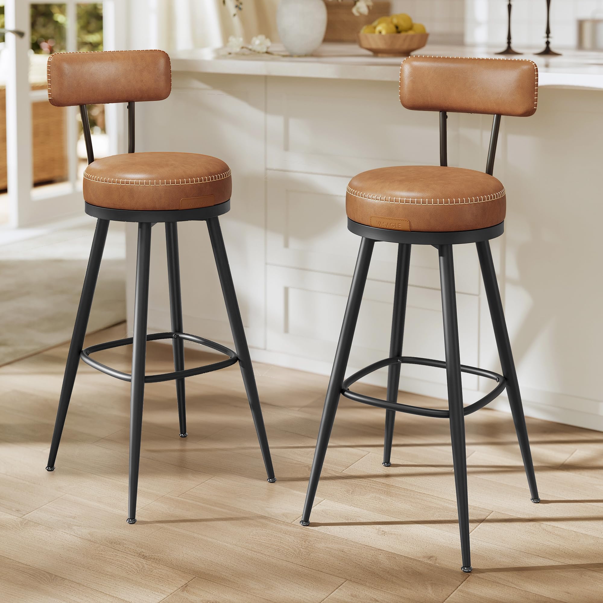 Photo 1 of ** MISSING SOME SCREWS *** *** MINOR DAMAGE TO THE BOTTOM OF THE SEAT **** VASAGLE EKHO Collection - Bar Stools Set of 2, Swivel Bar Height Bar Stools with Back, Synthetic Leather with Stitching, Mid-Century Modern, 30-Inch Tall Barstools for Kitchen Home