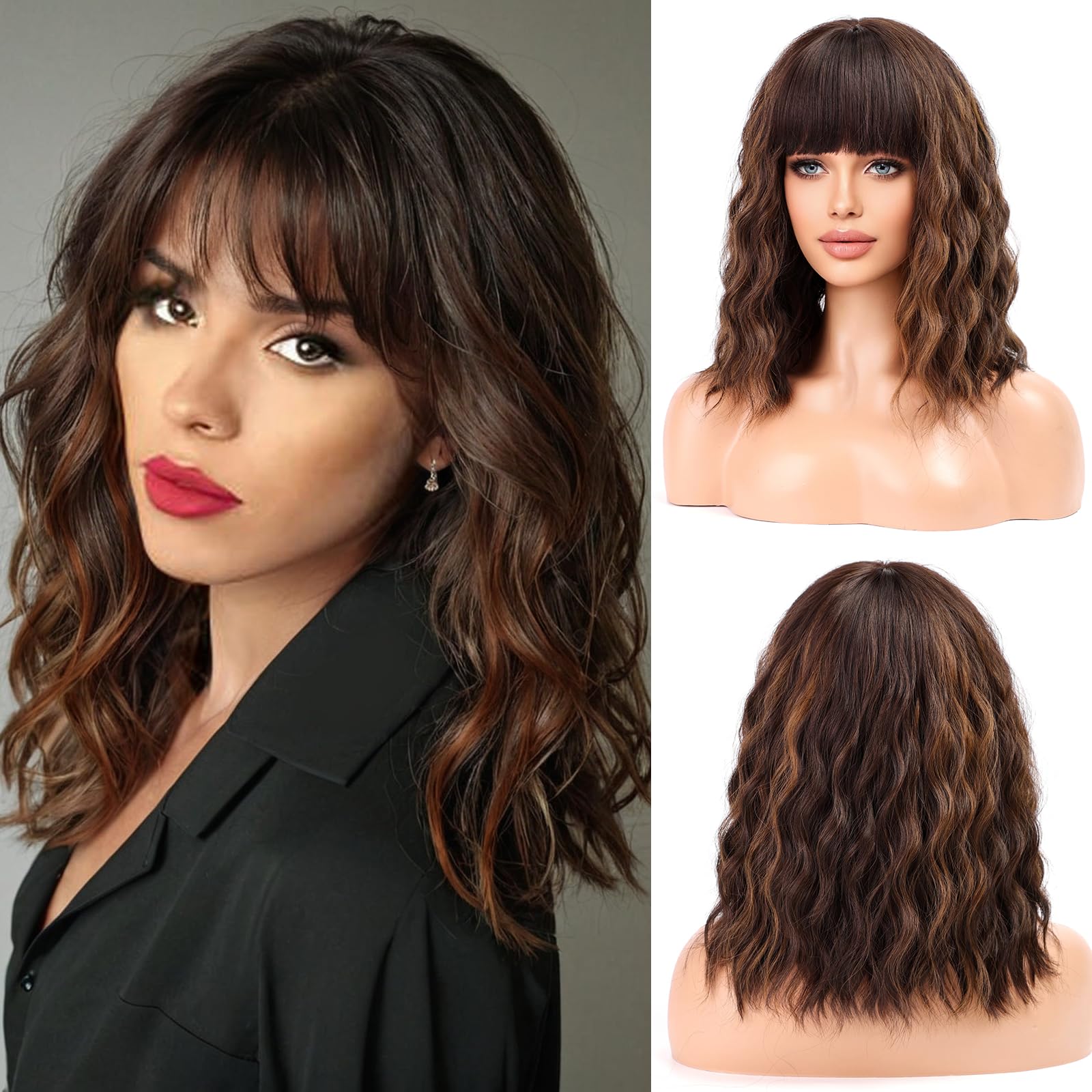 WOKESTAR Bob Wigs With Neat Fringe, Wavy Synthetic Wigs for Women Brown with Highlights Color — image 1