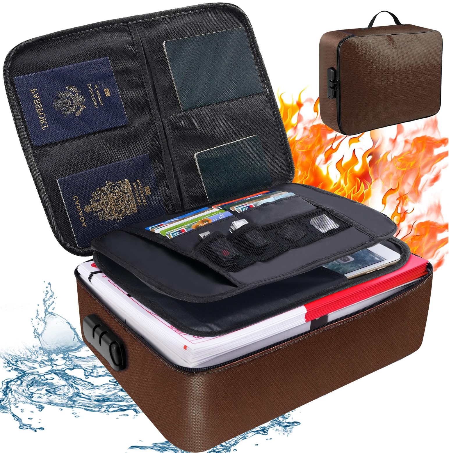 Photo 1 of Sgorlds Fireproof Document Bag with Lock, Important Document Organizer,Home Office Travel Safe Bag, 3 Layer Portable Filing Storage for Waterproof File Passport,Certificates,Legal Documents, Brown