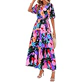 PRETTYGARDEN Women's Summer Maxi Dress 2026 Resort Wear Boho Floral V Neck Puff Short Sleeve Ruffle Flowy Beach Long Dresses
