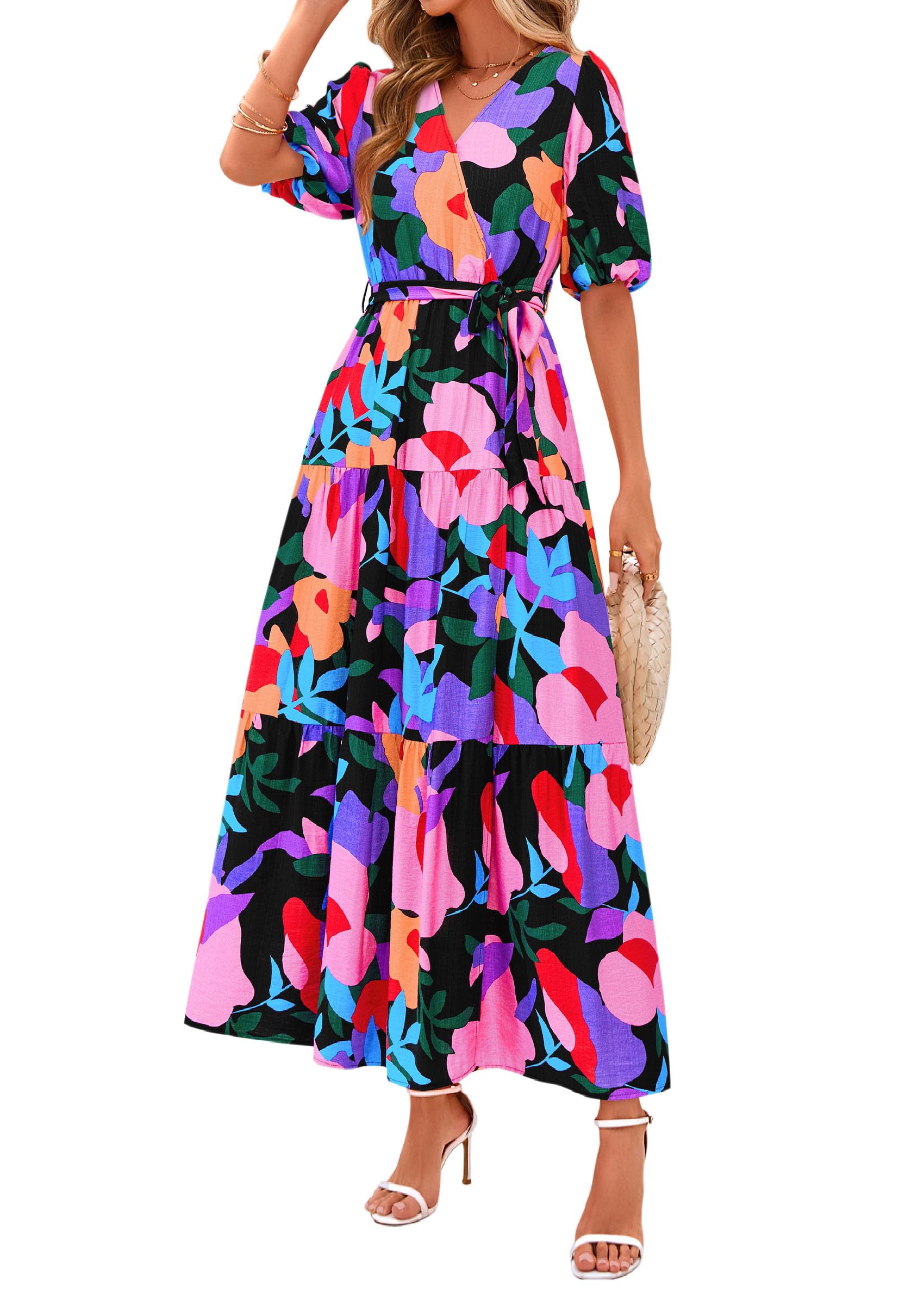 Dynvernal Women's Floral Midi Dress - Boho Square Neck, Puff Short Sleeve, A-Line Flowy Vacation Dress - View #4
