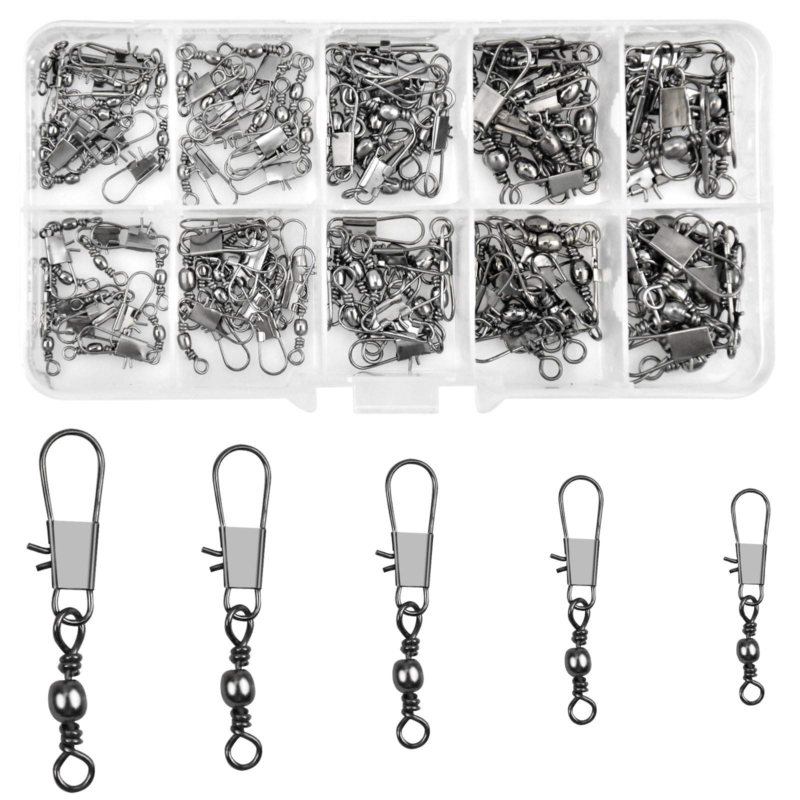 Jinlaili 100pcs Fishing Swivels, Barrel Swivels with Interlock Snaps, High Strength Tackle for Saltwater Freshwater Size 7# 8# 10# 12# 14#
