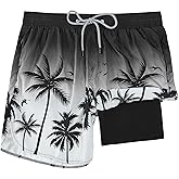 FT FENTENG Mens Swim Trunks with Compression Liner 5" Stretch Board Shorts Quick Dry Zipper Pockets 2 in 1 Mens Bathing Suits
