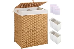 Greenstell Laundry Hamper No Install Needed, Divided Clothes Hamper with 2 Removable Liner Bags, 90L Handwoven Synthetic Ratt