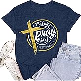SUWATOIN Christian Shirts for Women Pray On It Over It Through It T-Shirts Blessed Christian Faith Tees