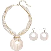 Coiris Multi Strand Statement Colorful Beaded Necklace with Big Circle Shell Pendant for Women