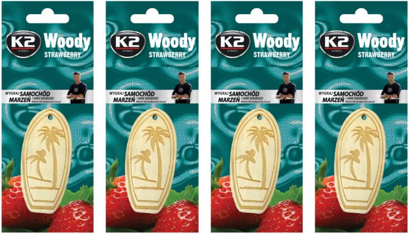 4 Pack - K2 Wooden Hanging Air Freshener Surfboard Design STRAWBERRY Scent | Unique Design from Real Wood | Odor Eliminator for Cars Home Office Hotel Bathroom Closet Pet Areas | Made in Europe