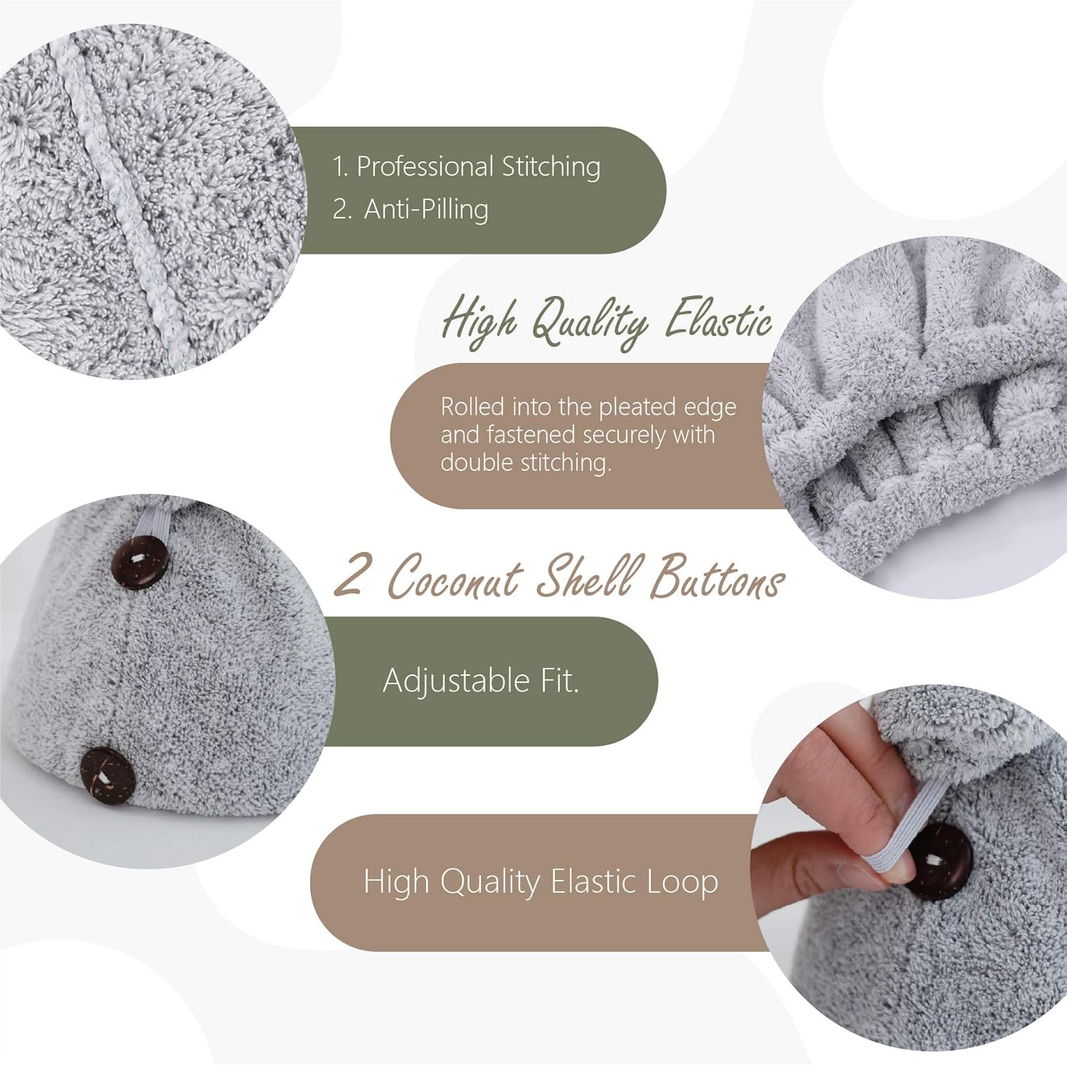myHomeBody Ultra-Soft, Fast Drying Hair Towel Wrap with Elastic for Snug Fit, Natural Bamboo Fiber Hair Drying Scrunchie with 2 Coconut Shell Buttons : Beauty